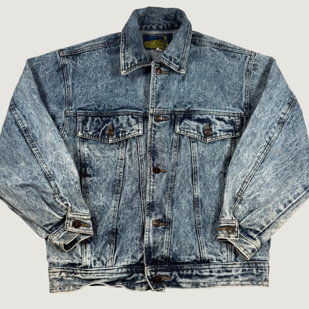 Vintage 80s Acid Wash Denim Trucker Jacket Blue Cotton Happy Forest size Medium